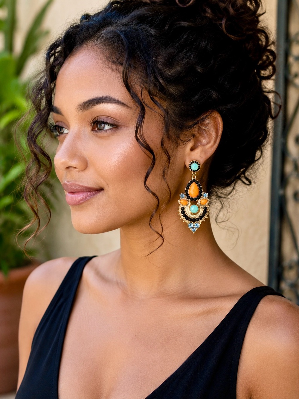 Boho Glam Statement Earrings | Orange, Turquoise & Black Crystal Drop Earrings